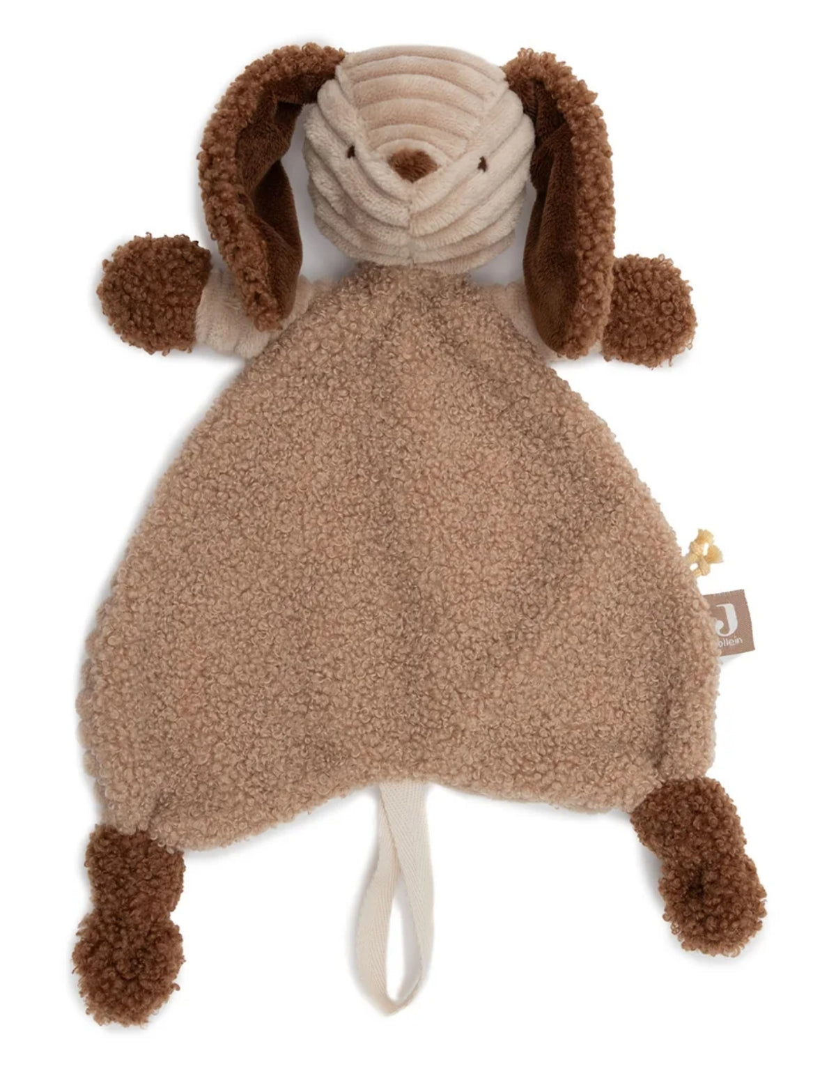 Schnuffeltuch Animal Friends Diego von Jollein in Hundeform aus weichem Rippstoff in Biscuit mit braunen Bouclé-Details und Schnullerschlaufe.