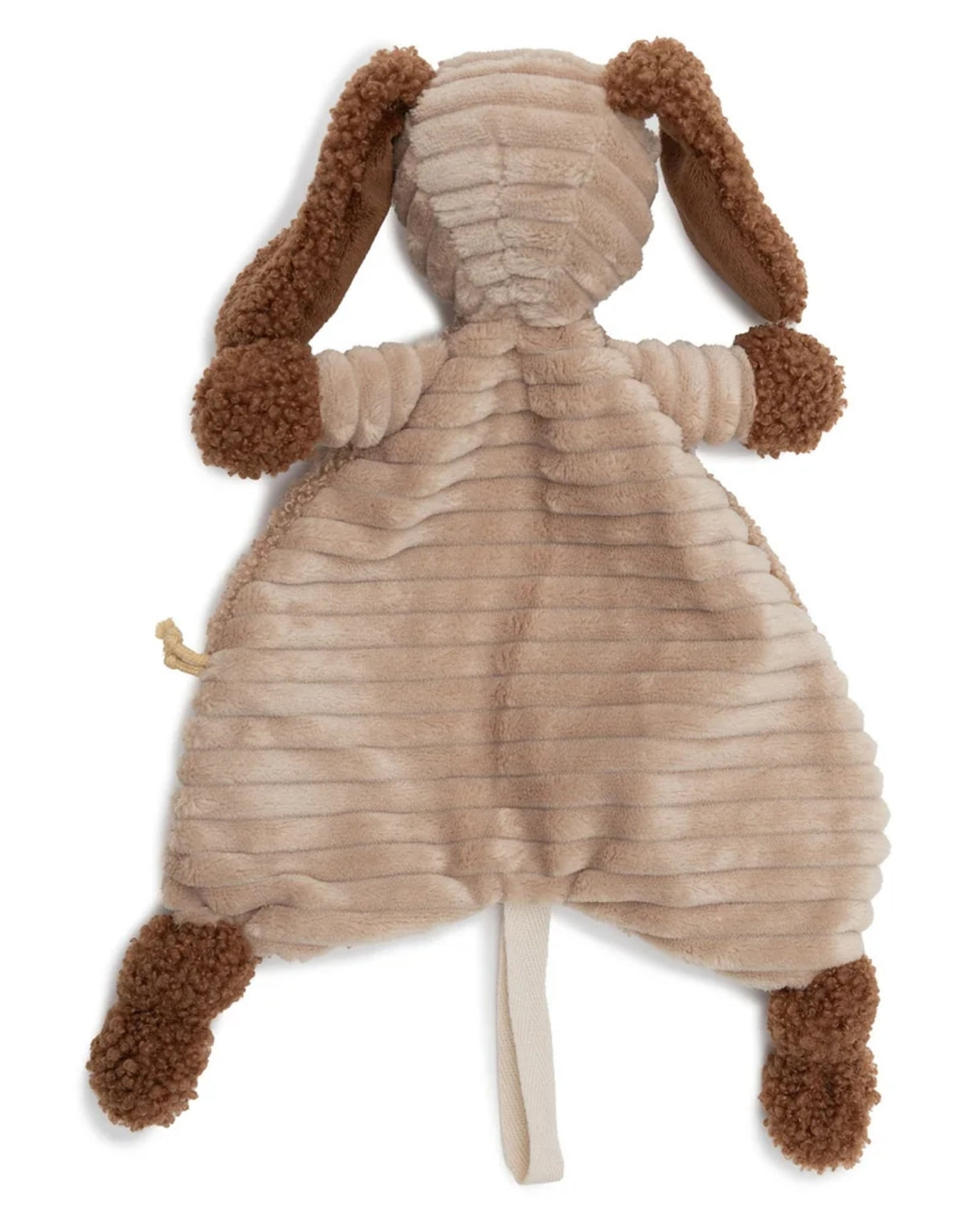 Schnuffeltuch Animal Friends Diego von Jollein in Hundeform aus weichem Rippstoff in Biscuit mit braunen Bouclé-Details und Schnullerschlaufe.