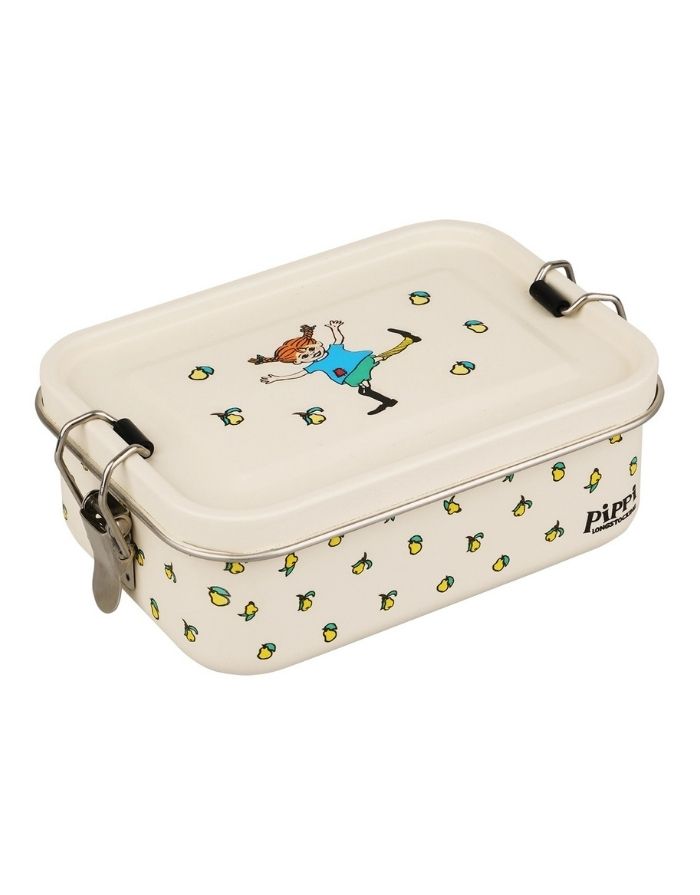 Cremefarbene Pippi Lunchbox von Barbo Toys aus Edelstahl mit klassischer Pippi-Langstrumpf-Illustration und 850 ml Fassungsvermögen als Freisteller von oben