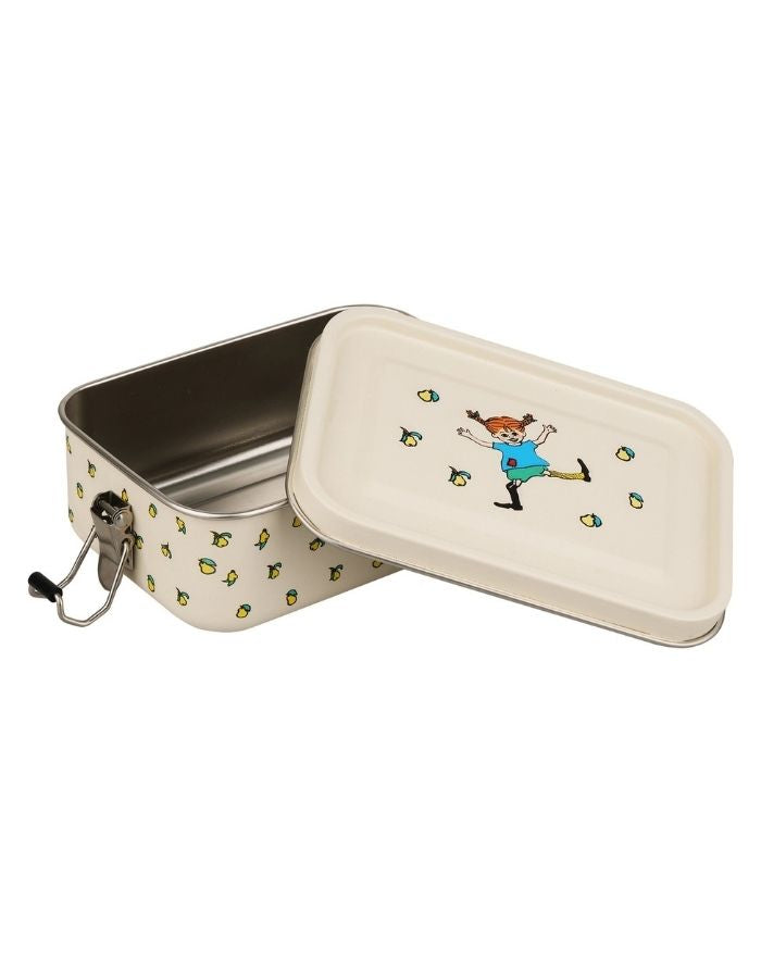 Cremefarbene Pippi Lunchbox von Barbo Toys aus Edelstahl mit klassischer Pippi-Langstrumpf-Illustration und 850 ml Fassungsvermögen als Freisteller mit offenem Deckel