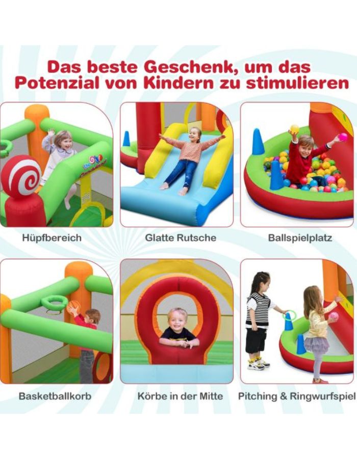 Bunte Costway Hüpfburg Süßigkeitenland mit Rutsche, Bällebad, Wurfspielen und Gebläse für Kinder ab 3 Jahren.