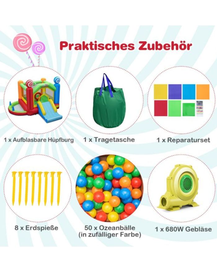 Bunte Costway Hüpfburg Süßigkeitenland mit Rutsche, Bällebad, Wurfspielen und Gebläse für Kinder ab 3 Jahren.