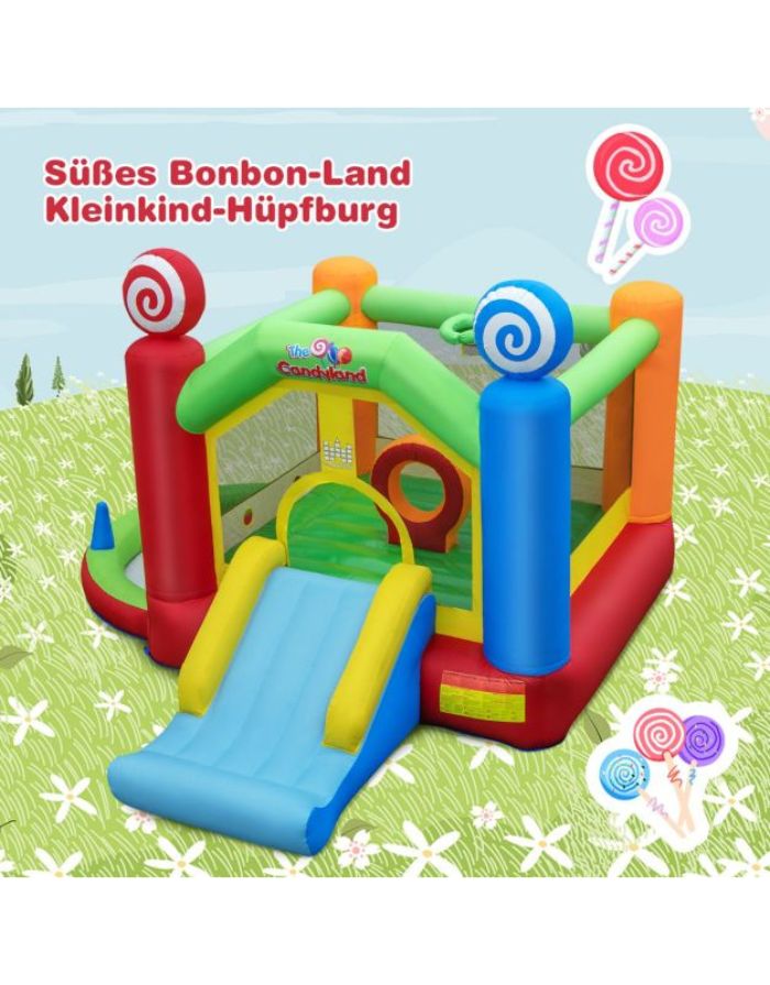 Bunte Costway Hüpfburg Süßigkeitenland mit Rutsche, Bällebad, Wurfspielen und Gebläse für Kinder ab 3 Jahren.