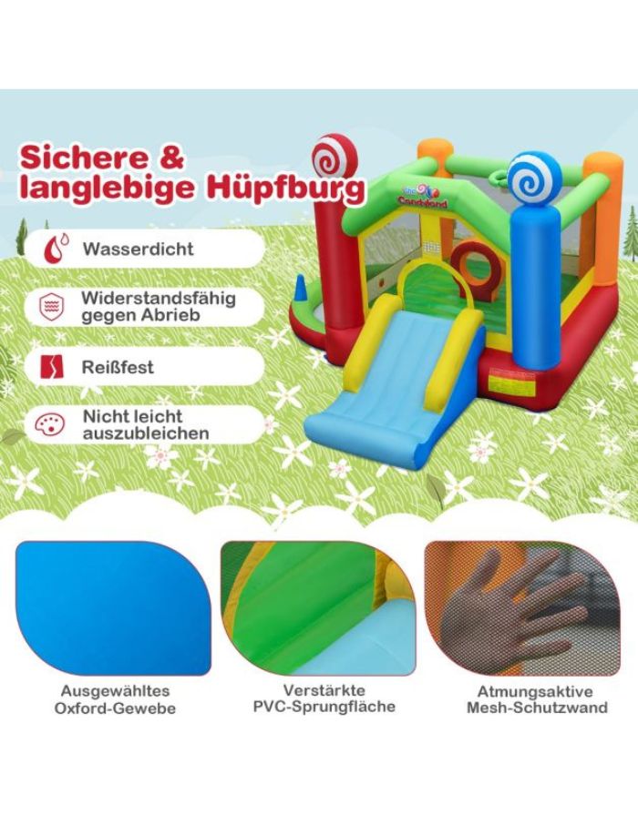Bunte Costway Hüpfburg Süßigkeitenland mit Rutsche, Bällebad, Wurfspielen und Gebläse für Kinder ab 3 Jahren.