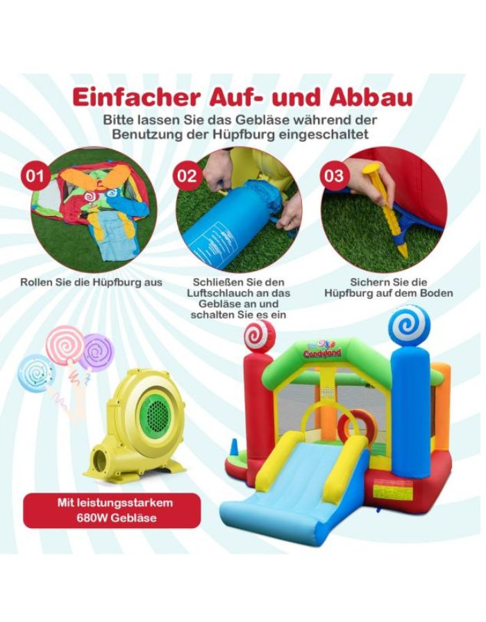 Bunte Costway Hüpfburg Süßigkeitenland mit Rutsche, Bällebad, Wurfspielen und Gebläse für Kinder ab 3 Jahren.