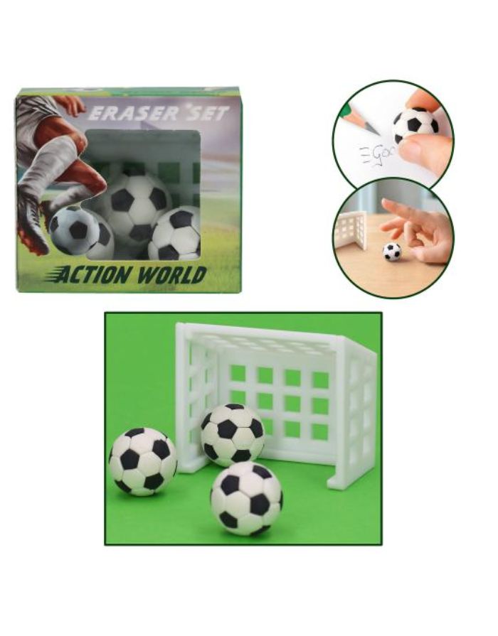 Dino World Action World Fußball-Radierer-Set mit kleinem Fußballtor und drei Radierern in Fußballform.