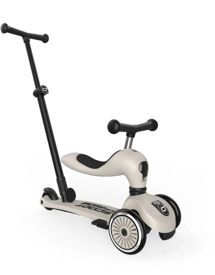  Scoot & Ride Highwaykick 1 Push and Go Ash mit Eltern-Schiebestange als 2-in-1 Kinderroller für Kleinkinder.