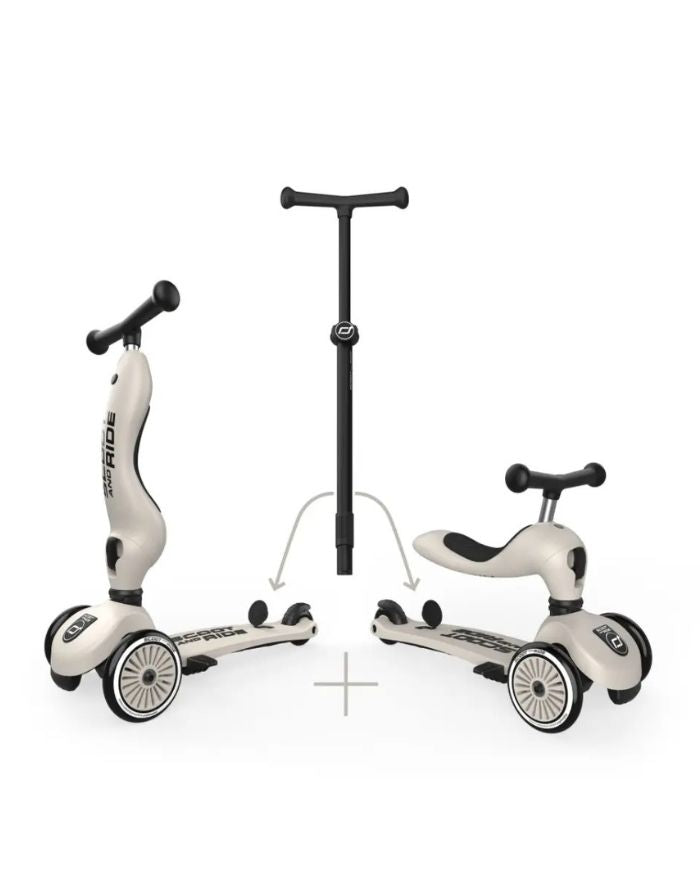  Scoot & Ride Highwaykick 1 Push and Go Ash mit Eltern-Schiebestange als 2-in-1 Kinderroller für Kleinkinder.