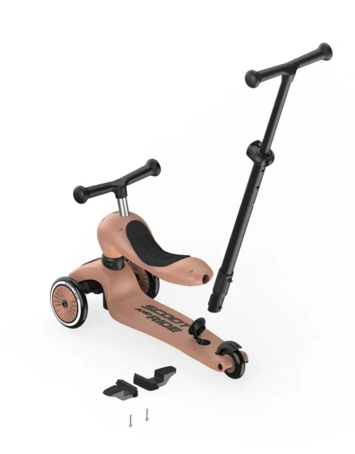  Scoot & Ride Highwaykick 1 Push and Go Mocha mit Eltern-Schiebestange als 2-in-1 Kinderroller für Kleinkinder.