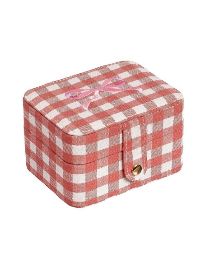Rosa Gingham Schmuckdose von Rockahula Kids mit gestickter Schleife und Druckknopfverschluss