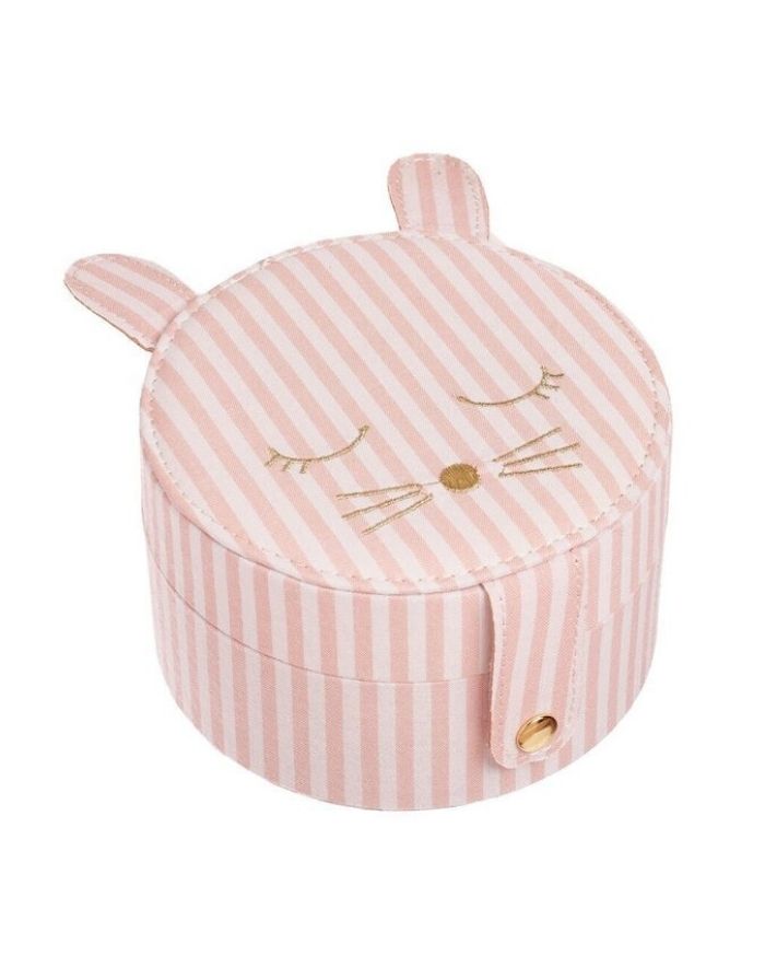 Runde Rockahula Kids Schmuckdose im Hasen-Design mit rosafarbenen Streifen, goldgesticktem Bunny-Gesicht und Schlappohren