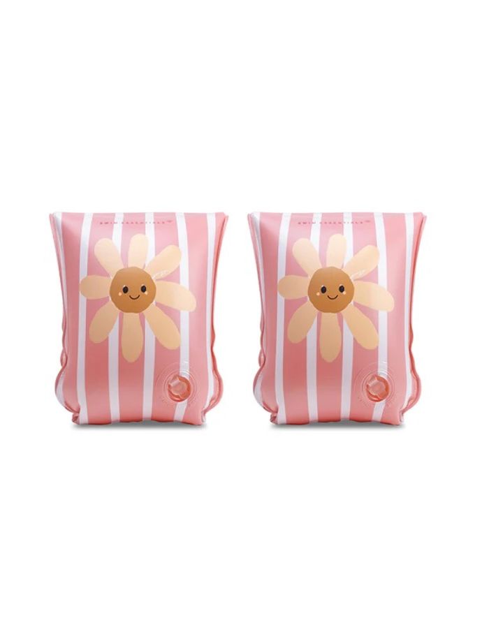 Kinder Schwimmflügel von Swim Essentials in weiß und Rosa gestreift mit einer Blume mit lächelndem Gesicht 