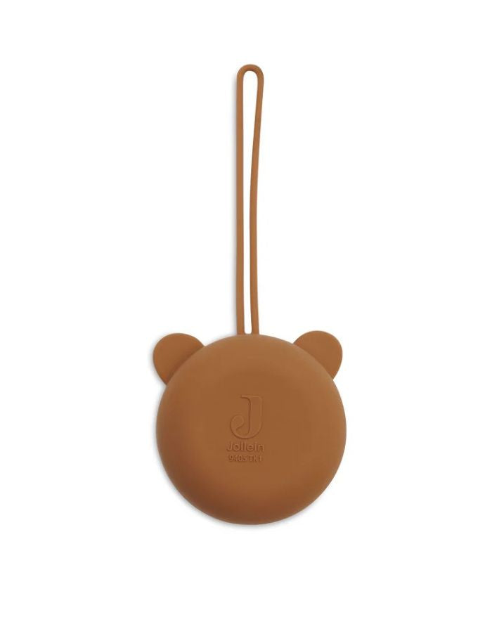 Jollein Silikon-Schnulleretui Ø 7 cm in der Farbe Caramel – rundes, BPA-freies Etui mit Schlaufe zum sicheren Aufbewahren des Schnullers unterwegs.