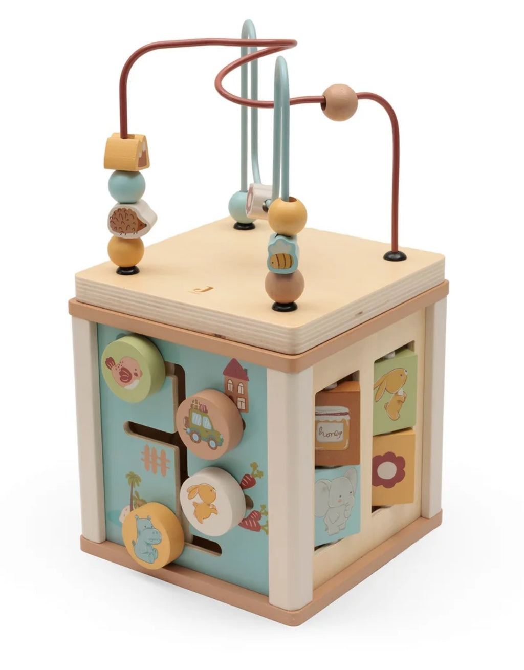 Aktivitäten-Würfel Jollies aus Holz von Jollein mit Formensortierer, Perlenspirale, Zahnrädern und Schiebelabyrinth für Kinder ab 2 Jahren.