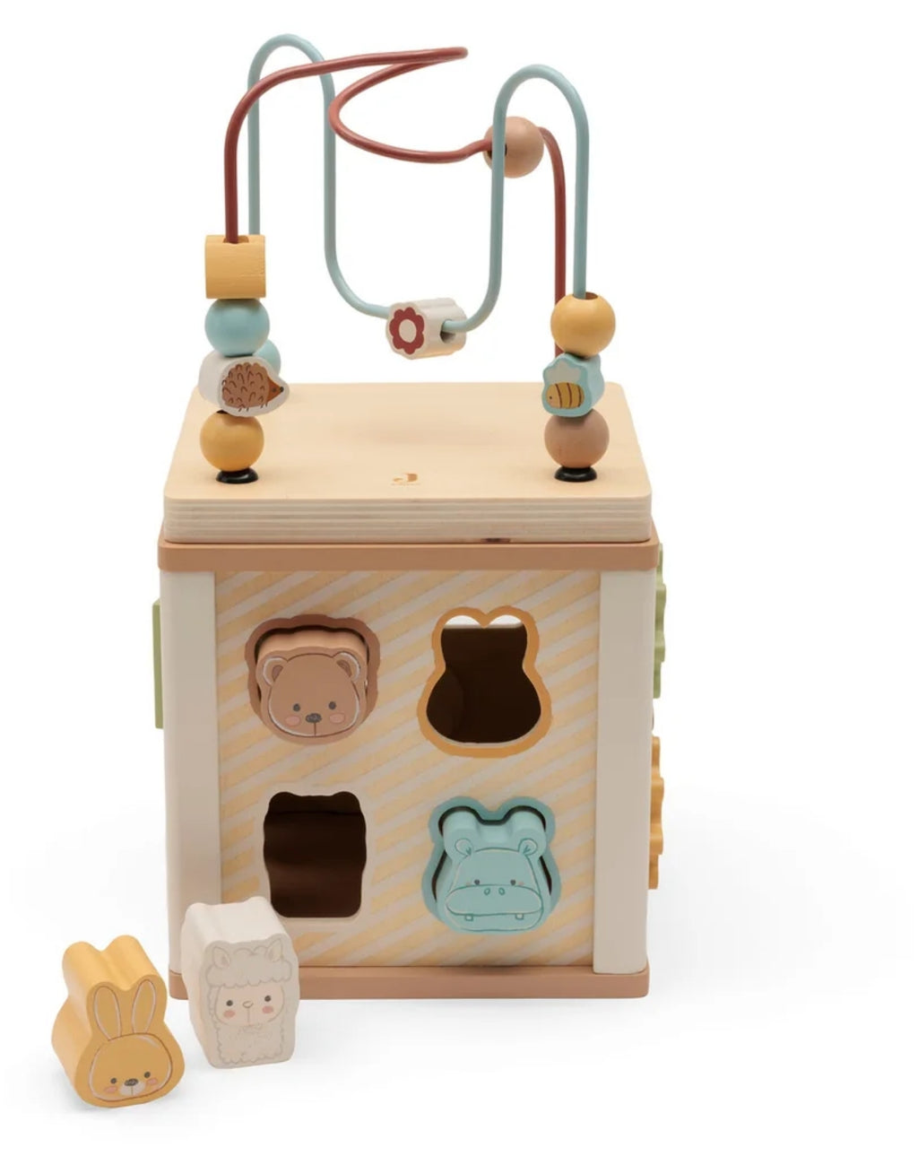 Aktivitäten-Würfel Jollies aus Holz von Jollein mit Formensortierer, Perlenspirale, Zahnrädern und Schiebelabyrinth für Kinder ab 2 Jahren.