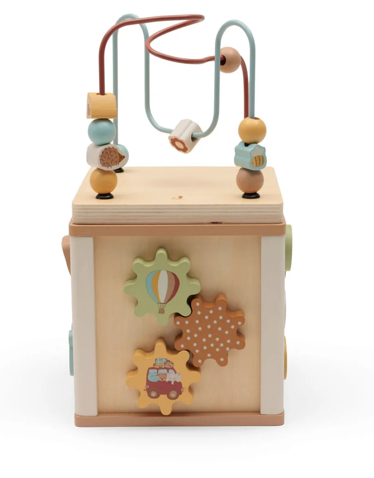 Aktivitäten-Würfel Jollies aus Holz von Jollein mit Formensortierer, Perlenspirale, Zahnrädern und Schiebelabyrinth für Kinder ab 2 Jahren.