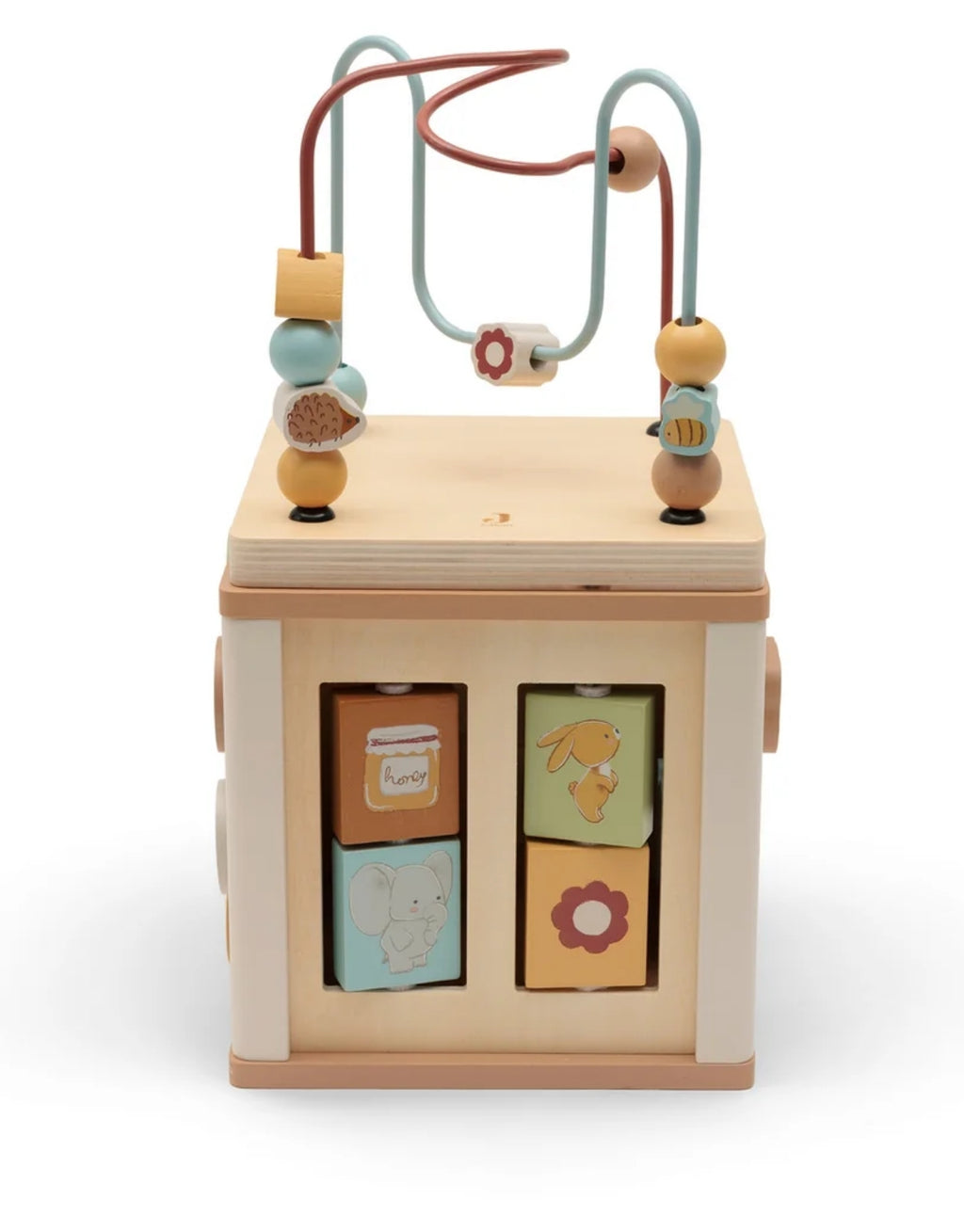 Aktivitäten-Würfel Jollies aus Holz von Jollein mit Formensortierer, Perlenspirale, Zahnrädern und Schiebelabyrinth für Kinder ab 2 Jahren.