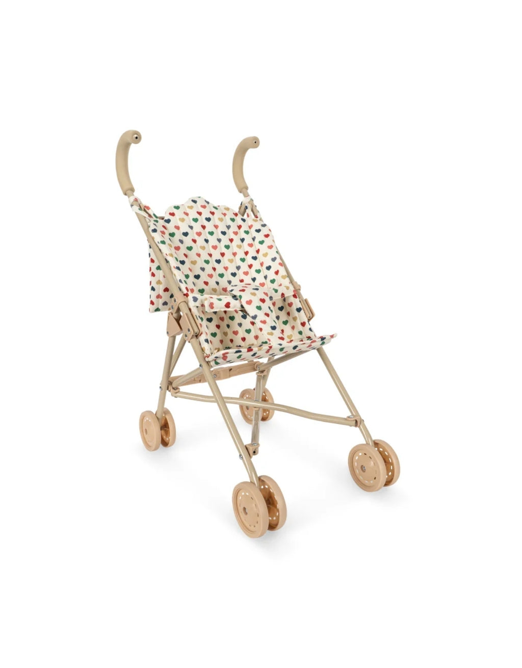  Puppenwagen Coeur Coloré von Konges Sløjd mit Herzmuster, Wagentasche, gepolsterten Griffen und Doppelrädern.