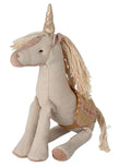 Kleines buntes Maileg Einhorn mit goldenem Horn und Sattel aus weichen Naturmaterialien.