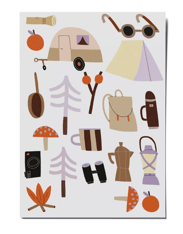A6-Bogen mit temporären Kindertattoos von nuukk – Camping- und Outdoor-Motive wie Zelt, Lagerfeuer, Fernglas und Wohnwagen, hautfreundlich, vegan und plastikfrei verpackt.
