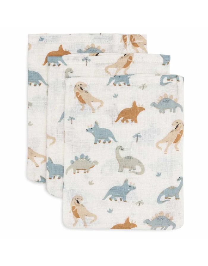 Jollein Waschlappen Musselin 3er Set „Roarsome“ – weiche hydrophile Baumwoll-Waschlappen mit Dinosaurier-Print, OEKO-TEX zertifiziert, ideal für empfindliche Babyhaut.
