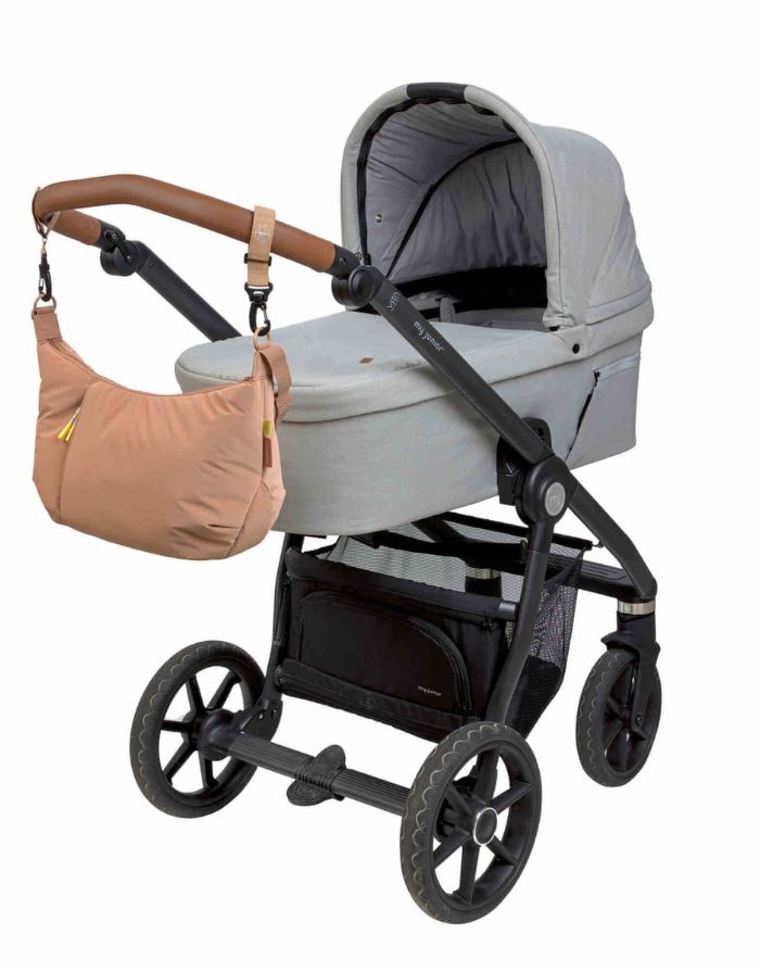 LÄSSIG Lunua Wickeltasche in Almond – große Bum Bag mit Wickelzubehör, vegan, recycelt & pfc-frei, mit Neon-Details und Kinderwagenbefestigung.