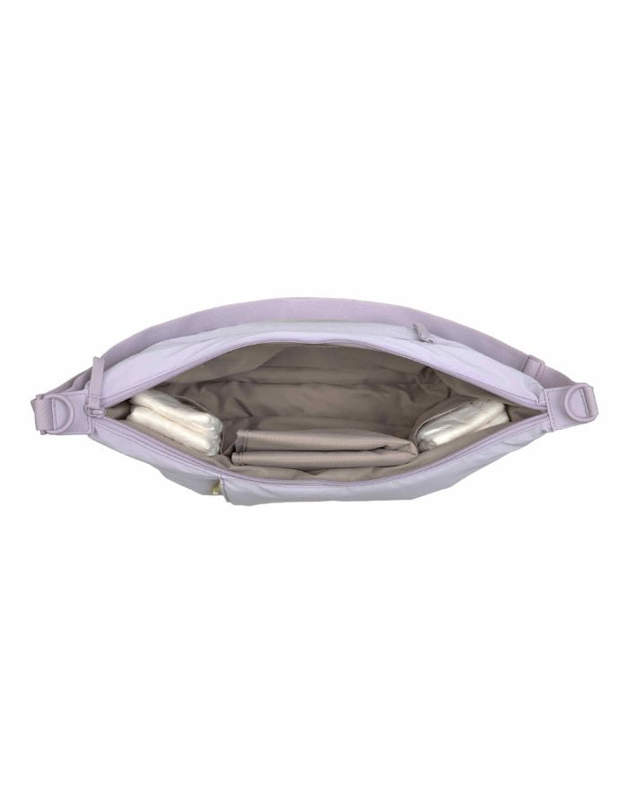 LÄSSIG Lunua Wickeltasche in Lilac – große Bum Bag mit Wickelzubehör, vegan, recycelt & pfc-frei, mit Neon-Details und Kinderwagenhaken.