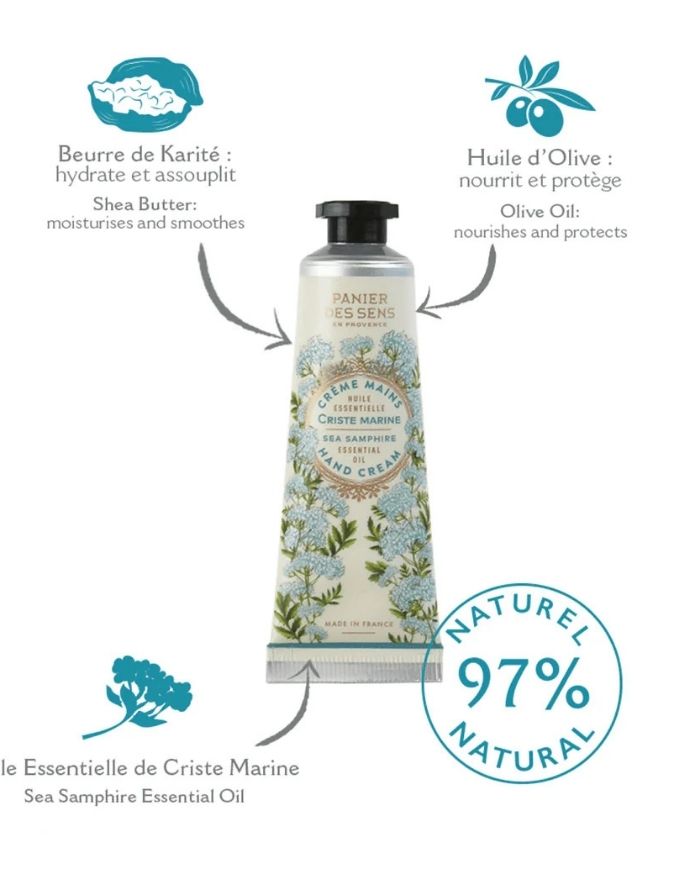 Belebender Meerfenchel Handcreme 30 ml von Panier Des Sens im handlichen Mini-Format. Die Handcreme pflegt die Hände intensiv mit Sheabutter, Olivenöl und ätherischem Meerfenchelöl, spendet Feuchtigkeit, macht die Haut geschmeidig und hinterlässt einen frischen, maritimen Duft. Verpackung wiederverwertbar, veganfreundlich, hergestellt in Frankreich.