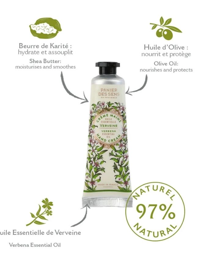Belebende Verbene Handcreme 30ml von Panier Des Sens, Mini-Handcreme mit Sheabutter, Olivenöl und ätherischem Verbenaöl für hydratisierte und zart duftende Hände.
