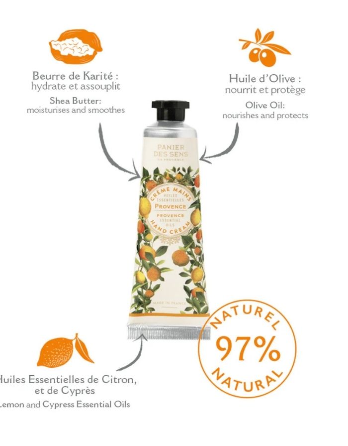 Handcreme Provence 30ml von Panier Des Sens, Mini-Handcreme mit Sheabutter, Olivenöl und ätherischen Ölen aus Zitrone und Zypresse für weiche, hydratisierte und duftende Hände.