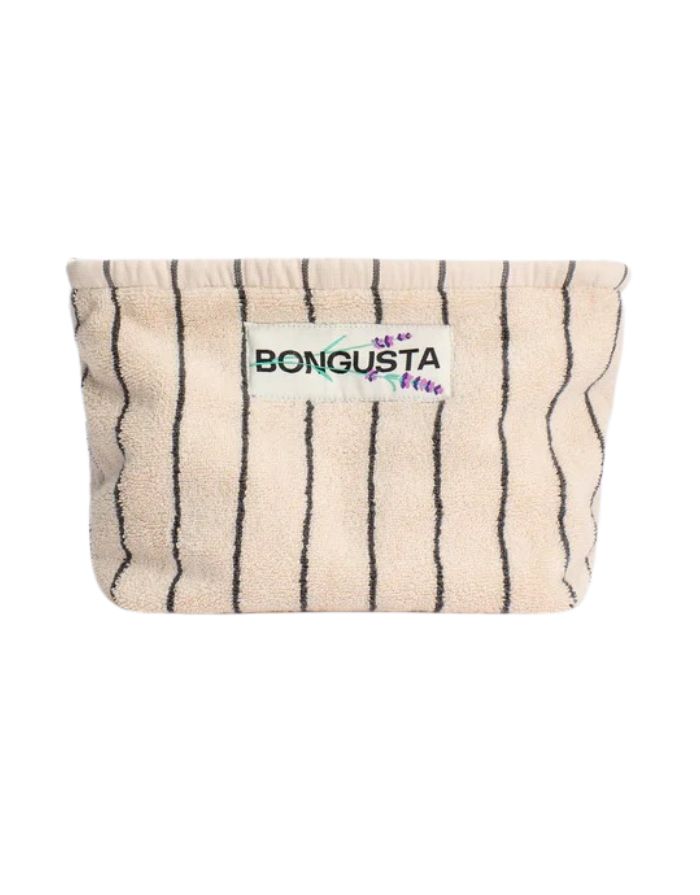  Bongusta Naram Kosmetiktasche in Creme und Ink mit Streifenmuster und Reißverschluss.