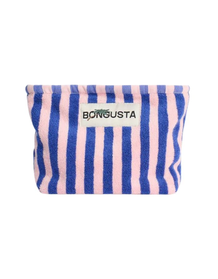 Bongusta Naram Kosmetiktasche in Dazzling Blue und Rose mit Streifenmuster und Reißverschluss.