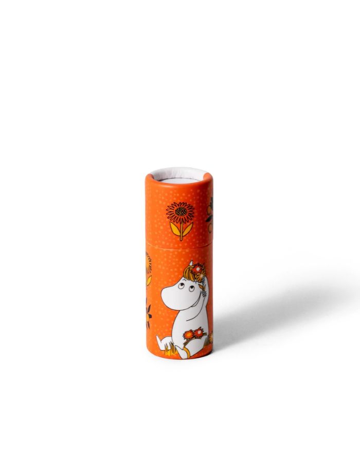 Moomin Lippenbalsam Orange mit Snorkfröken Motiv, natürliche Lippenpflege mit Orangenduft, Bienenwachs und Sheabutter, handgefertigt auf Gotland