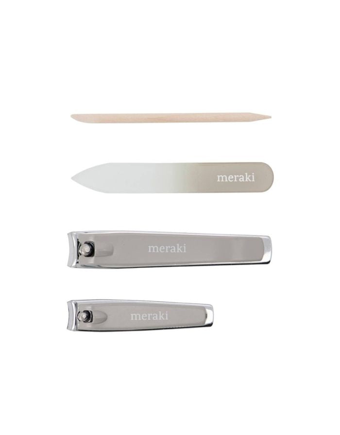  Meraki Nagelpflegeset mit Glasnagelfeile, Nagelhautschieber und zwei Nagelknipsern in minimalistischem Design.