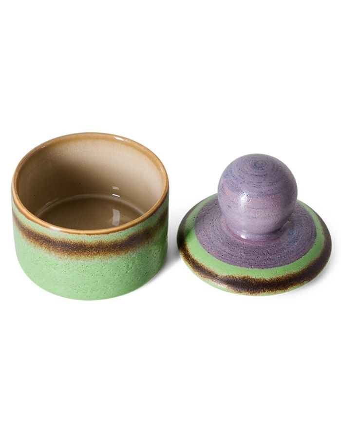 Kleine HKliving 70s Ceramics Aufbewahrungsdose XS aus mehrfarbig glasiertem Steingut mit Deckel.