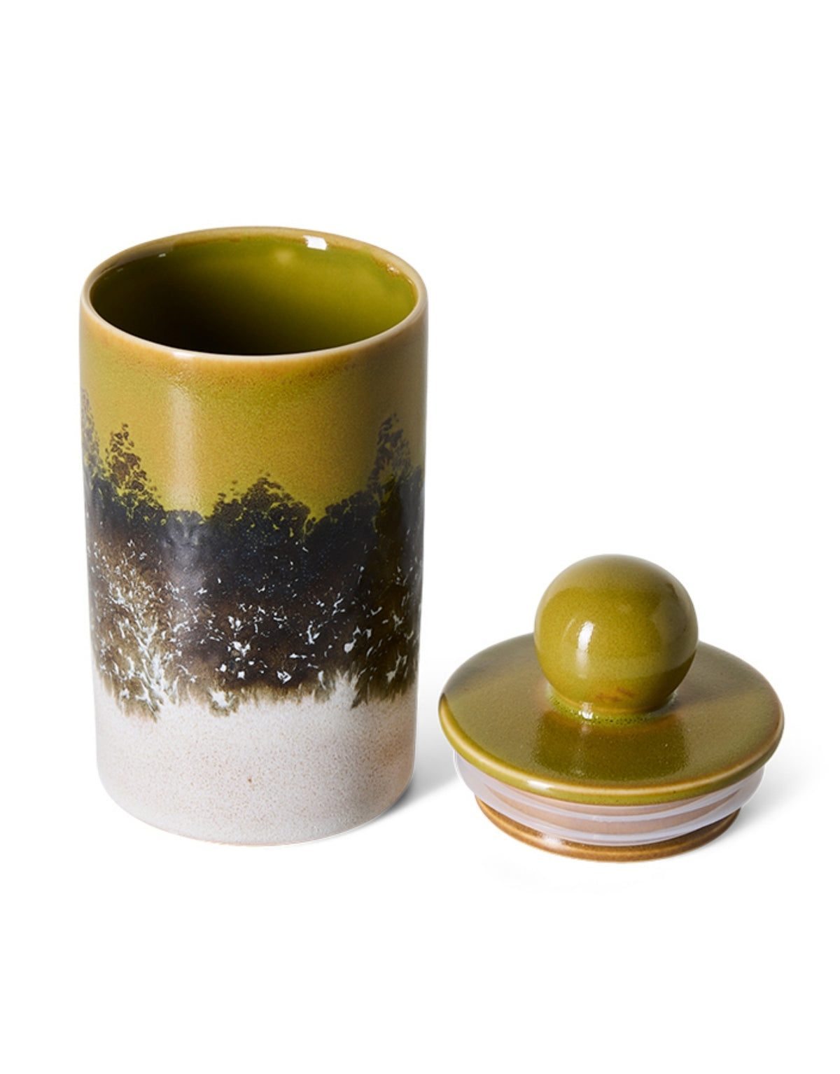 Mittelgroße Aufbewahrungsdose aus der 70s Ceramics Kollektion von HKliving aus glasiertem Steingut in Multicolour mit Deckel.