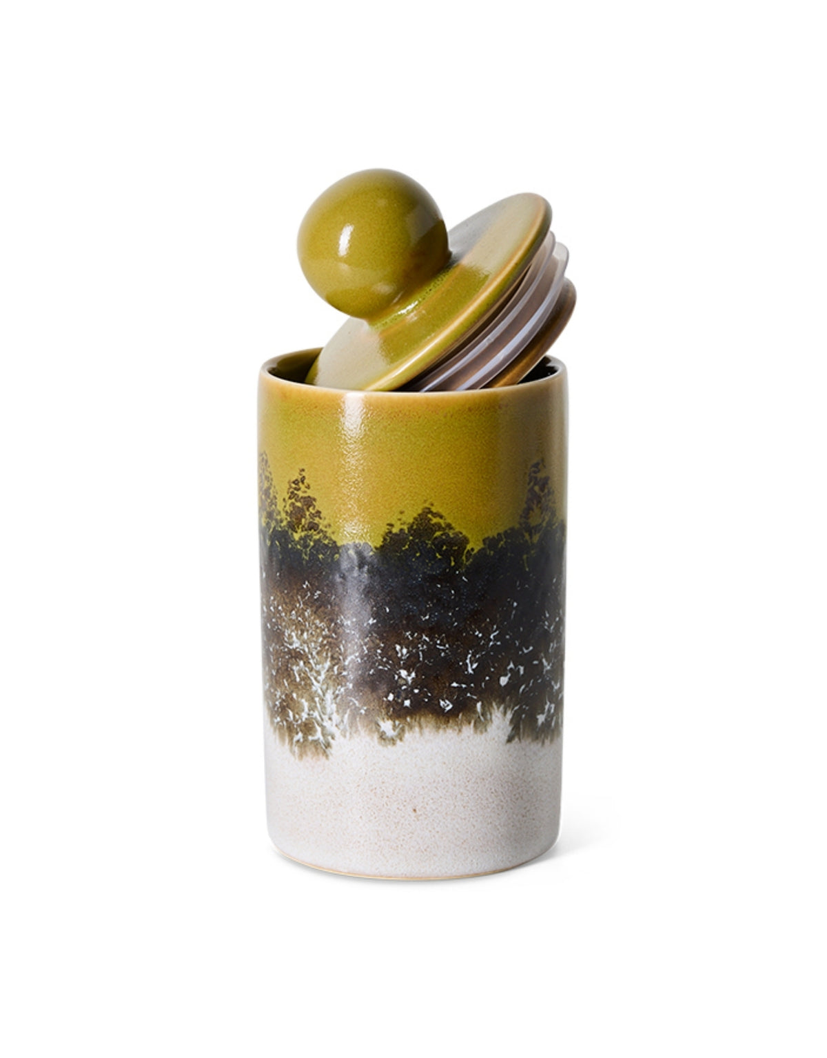 Mittelgroße Aufbewahrungsdose aus der 70s Ceramics Kollektion von HKliving aus glasiertem Steingut in Multicolour mit Deckel.