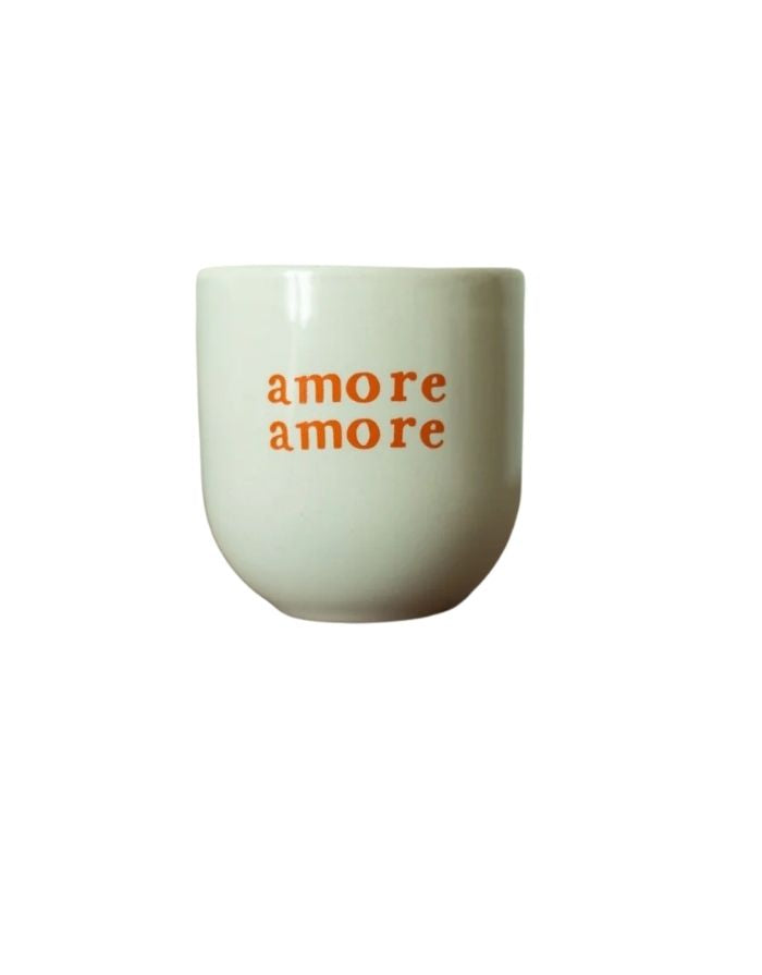SISI House of Style Becher Amore Amore weiß mit orangem Schriftzug, handgefertigt, 8 x 8 x 8 cm.