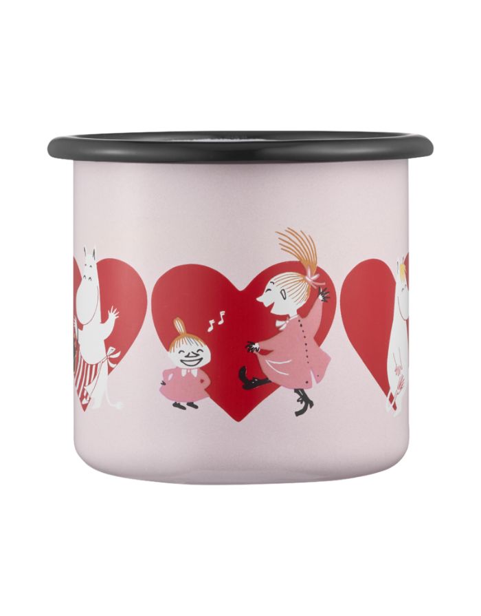 Rosa Emaillebecher Moomin Heart von Muurla, 2,5 dl, mit Herzmotiv, langlebig und leicht, spülmaschinengeeignet, nicht mikrowellengeeignet.