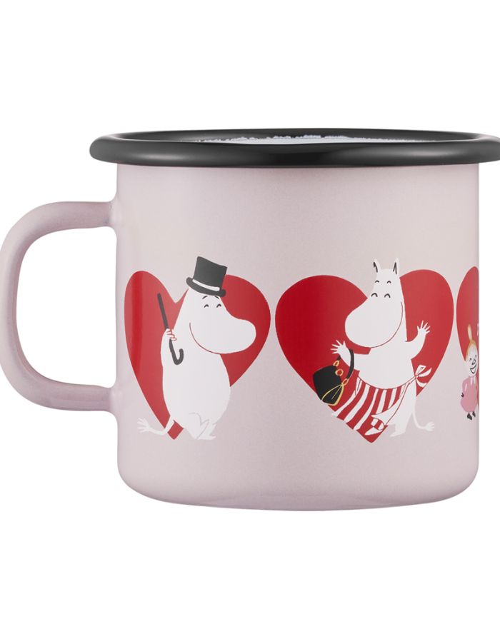 Rosa Emaillebecher Moomin Heart von Muurla, 2,5 dl, mit Herzmotiv, langlebig und leicht, spülmaschinengeeignet, nicht mikrowellengeeignet.