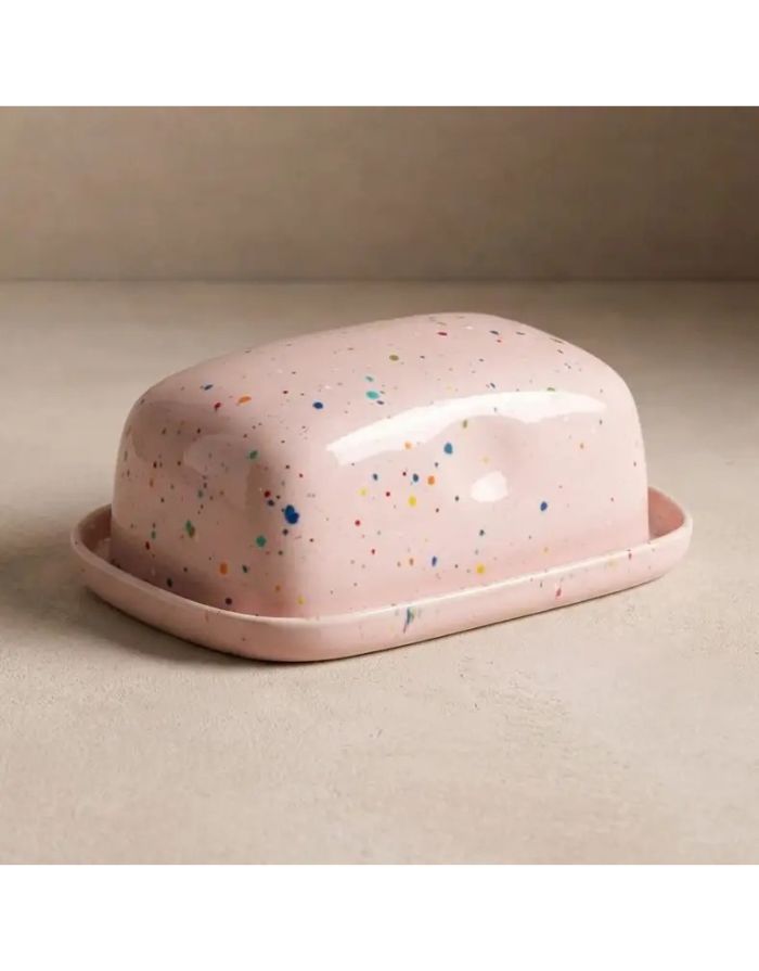 Butterdose Party Pink von Egg Back Home – Seitenansicht auf hellem Untergrund, handgefertigte Keramik mit Deckel