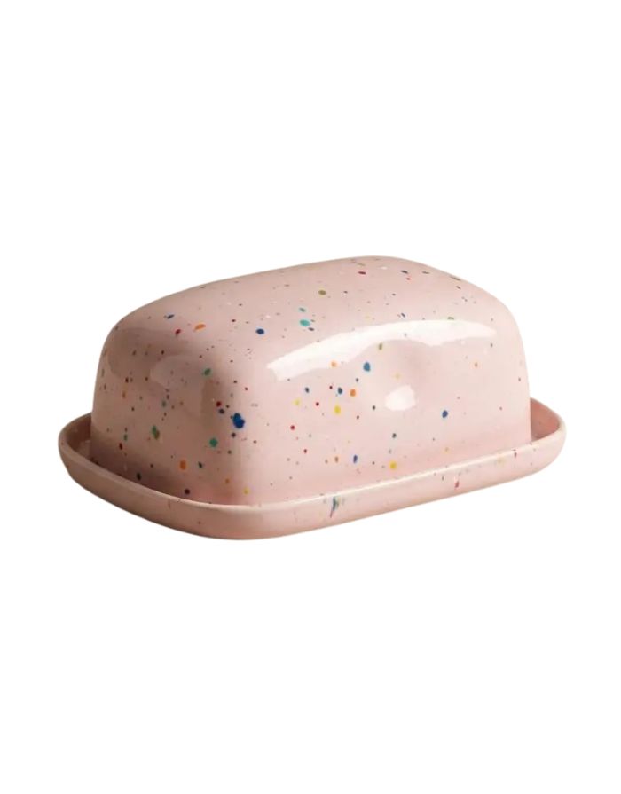 Butterdose Party Pink von Egg Back Home – Seitenansicht auf hellem Untergrund, handgefertigte Keramik mit Deckel