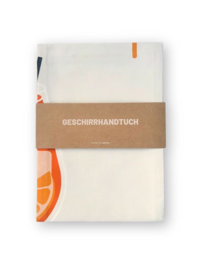 Geschirrtuch Aperol Spritz von Herr & Frau Hempel aus 100 % Baumwolle, orangefarbenes Küchenhandtuch mit Aufhänger und liebevollen Details