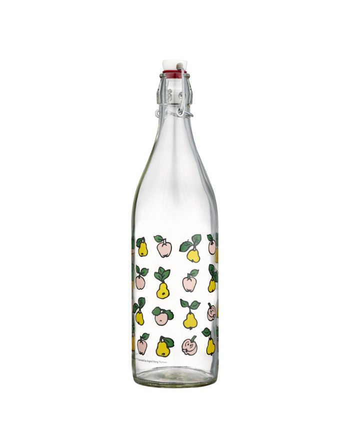 Glasflasche Pippi Langstrumpf Fruits von Muurla, 1 Liter, mit Bügelverschluss und Pippi-Motiv mit Äpfeln und Birnen, spülmaschinenfest