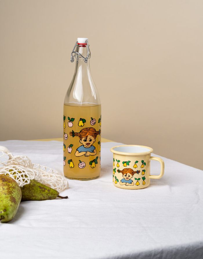Glasflasche Pippi Langstrumpf Fruits von Muurla, 1 Liter, mit Bügelverschluss und Pippi-Motiv mit Äpfeln und Birnen, spülmaschinenfest