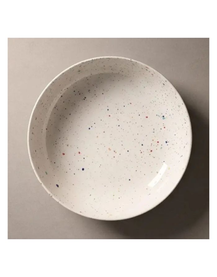 Pastateller White ø21cm von Egg Back Home – Detailaufnahme der Glasur mit buntem Sprenkelmuster