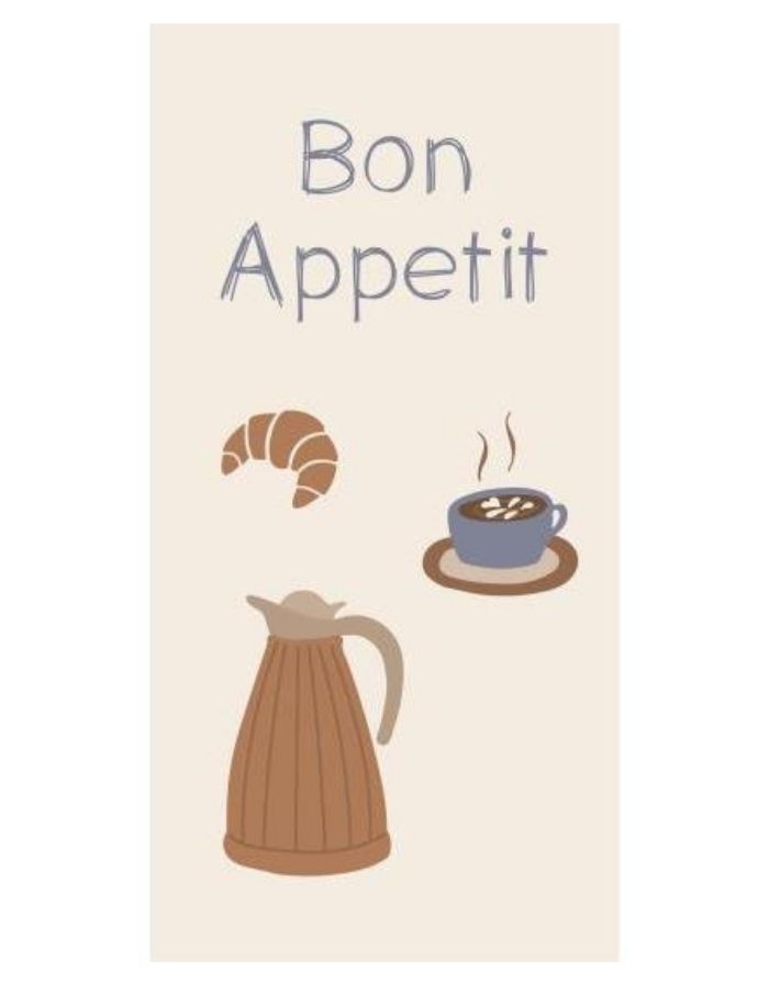 Papierservietten von Ib Laursen mit Aufschrift Bon Appetit und Bild von Kaffeekanne, Croissant und Kaffeebecher