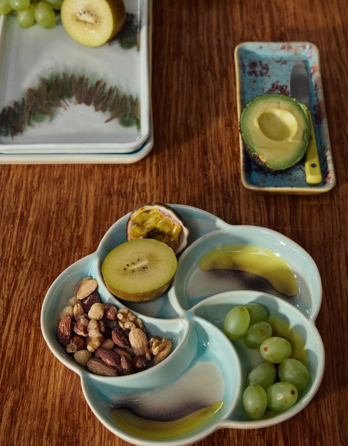 HKliving Snack Tray Glint, unterteiltes Keramik Snacktablett mit skulpturaler Form und farbverlaufender Glasur zum Servieren von Snacks und Dips