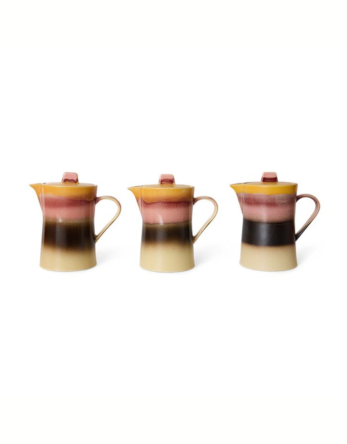 Teekanne Sunset von HKliving aus handglasiertem Steinzeug mit reaktiver Mehrfarb-Glasur im 70s-Stil, 11×17,5×18,5 cm – mikrowellen- und spülmaschinengeeignet.