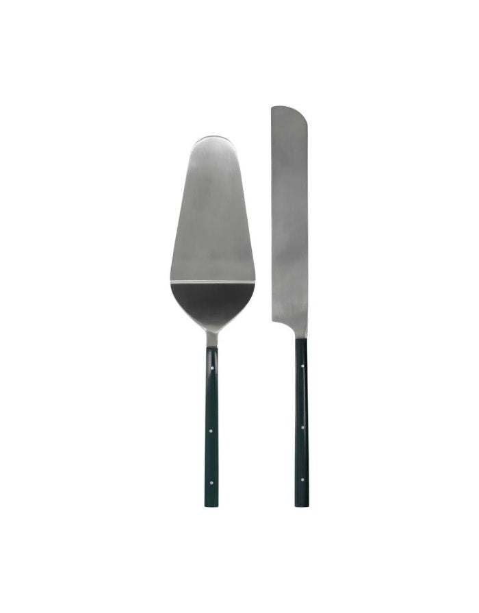 House Doctor HDLata Tortenmesser und Tortenheber Set mit dunkelgrünen Griffen aus Edelstahl, elegantes Kuchenbesteck für Kaffeetafel und Servieren